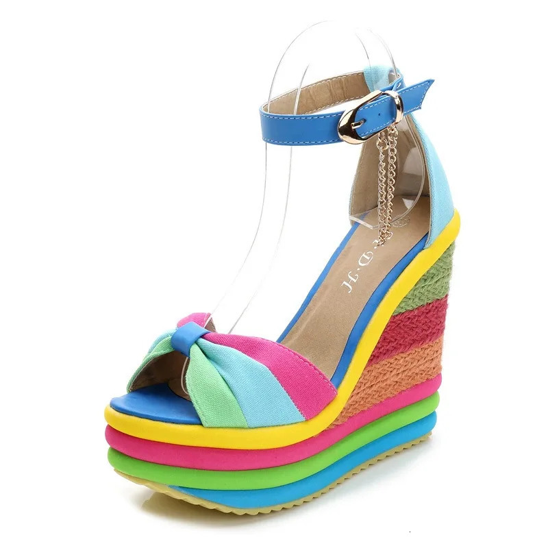 Plus Size 33-43 Shoes for Women Summer Wedges Sandals Colorful Platform Rainbow Bowknot Hemp Bottom Female Buckle Strap Shoes 240621