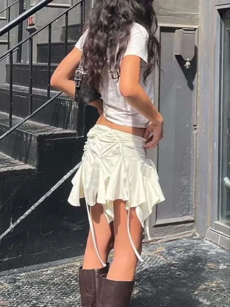 Y2K Gothic Punk Women Irregular Duck Skirts Solid Color Drawstring Tie-Up Ruched Ruffles Mini Skirt Summer Fashion Short Skirts 240620