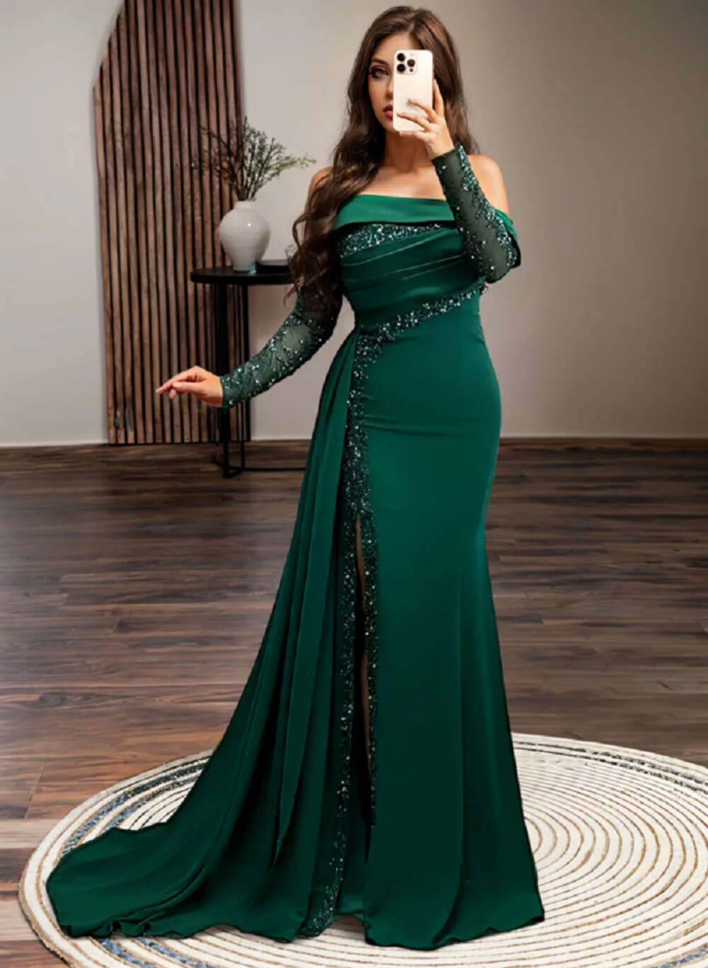 Elegant Green Satin Mermaid Dresses Strapless Sequins Sleeves Side Split Evening Dress or Length Formal Prom Gowns