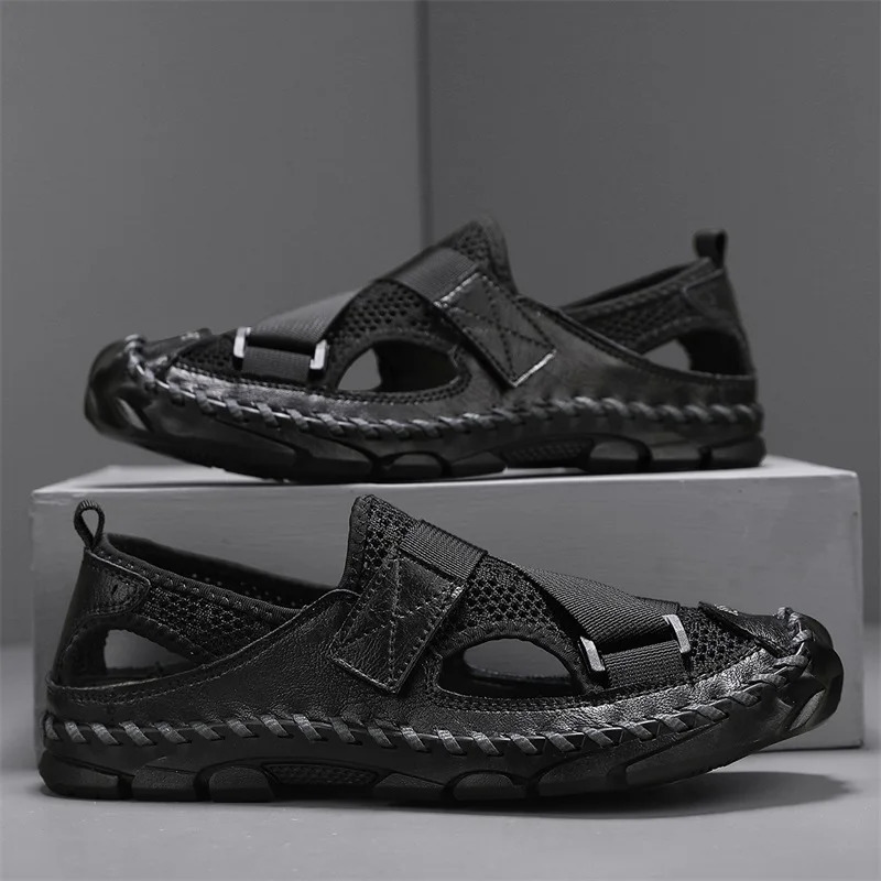 Hand-stitching Mens Sandals Casual Leather Mens Summer Shoes Outdoor Man Mesh Hollow Out Flats Outdoor Beach Shoes Roman Shoes 240620