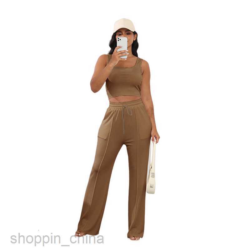 Women Tracksuits Fashion solid color sports jogging suit Summer New Thread Knitted Sleeveless Open Navel Top Women's Two piece High Waist Wide Le