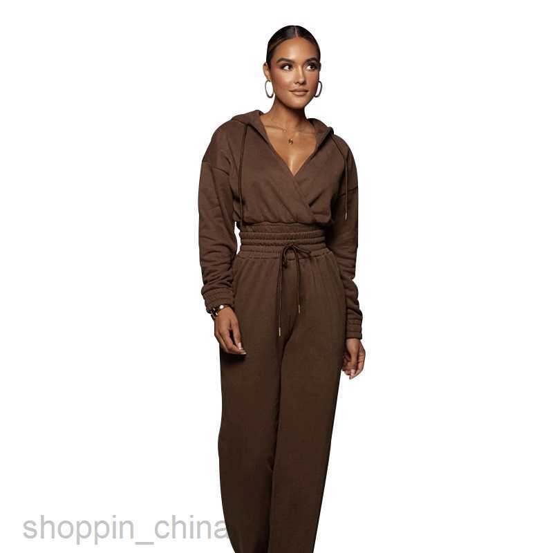 Women's Tracksuits Fashion solid color sports jogging suit autumn winter leisure solid color hooded v-pants women fashion slim long sleeve sweate