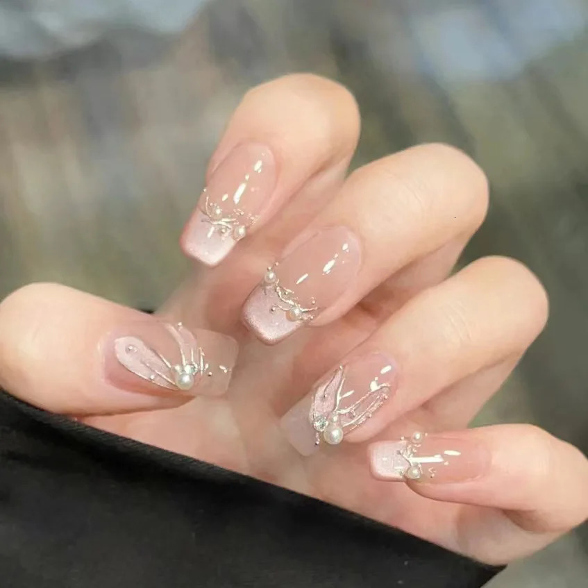 10Pcs Pink French Y2k Nail Tips Long Ballet Handmade Fake Nail Wearable False Nails with Rhinestone Press on Nails Manicure 240620