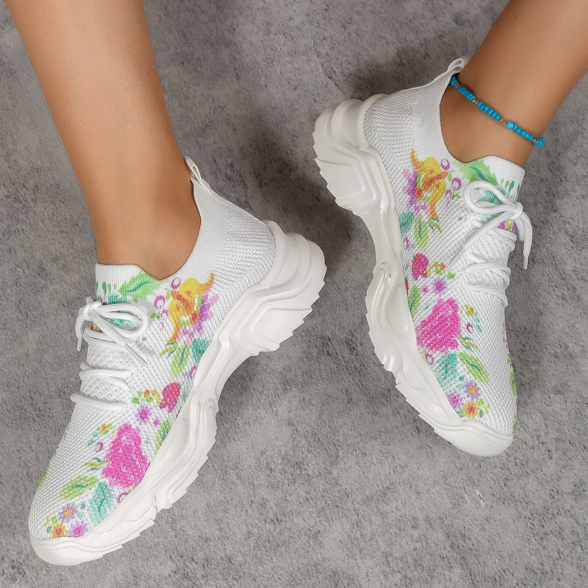 Casual Flower Ddmysports Women Fashion Flat Sole Running Shoes Lace Up Lightweight Mesh Sneakers Outdoor
