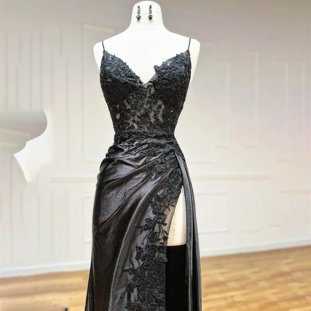Sexy Black Silt Long Prom Dress 2024 Spaghetti Strap Appliques Lace Beads Satin Formal Party Gowns Evening Dresses Robe De Soriee Customed