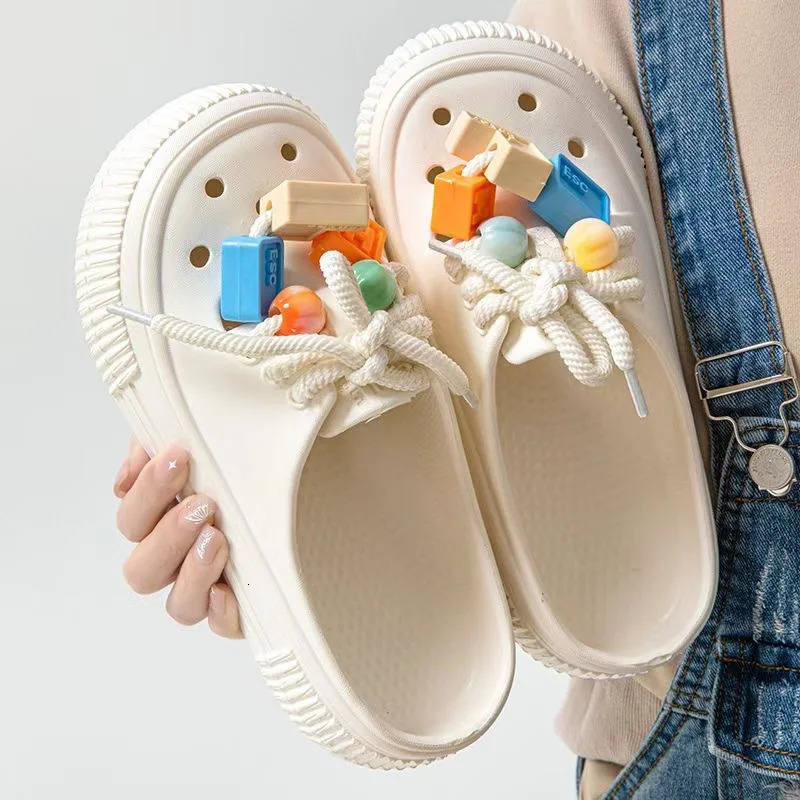 Womens Hole Shoes Fashion Platform Sandals Increase Baotou Sandal Summer Casual Lace-up Half Slipper Non-slip Beach Shoes 240620