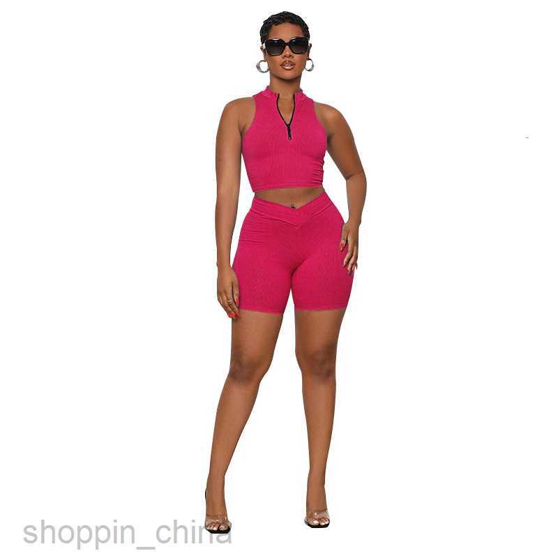 Women's Tracksuits Fashion solid color sports jogging suit Summer New Solid Color Sleeveless Zipper Collar Open Navel Women Casual Shorts Set Set