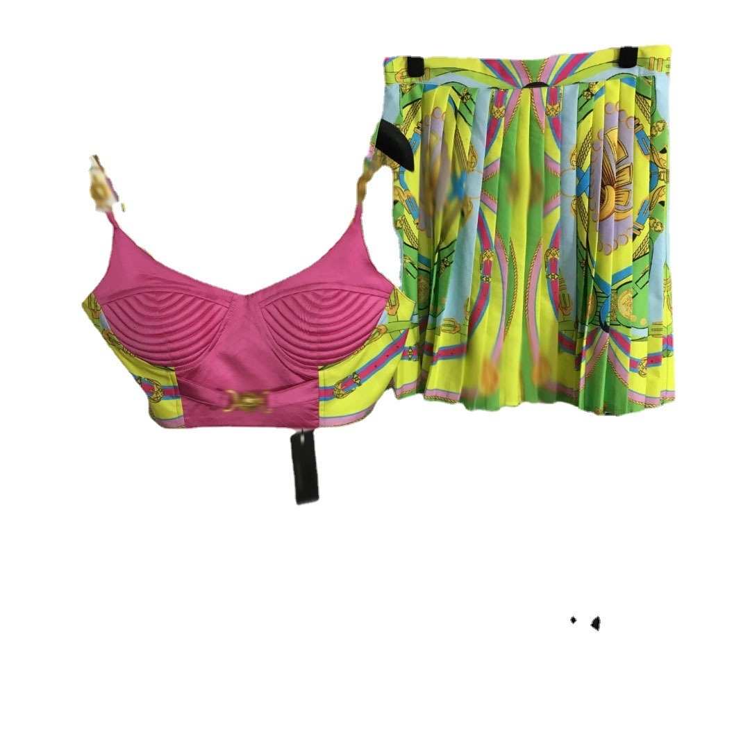 2024 Summer New Sweet and Dopamine Set Bra and Strap Top+Printed High Waist Pleated Short Skirt