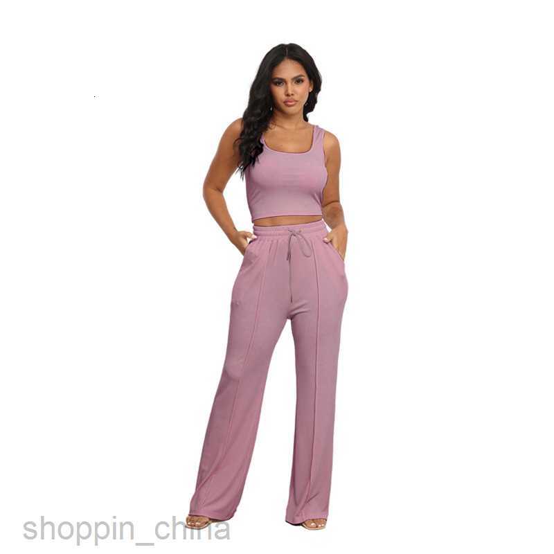 Women Tracksuits Fashion solid color sports jogging suit Summer New Thread Knitted Sleeveless Open Navel Top Women's Two piece High Waist Wide Le