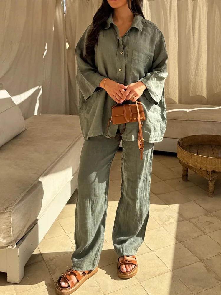 Women Streetwear Loose 2 Piece Sets Casual Solid Lapel V Neck Long Sleeve Single Breasted Shirt Wide Leg Pants Suit Homewear 240619