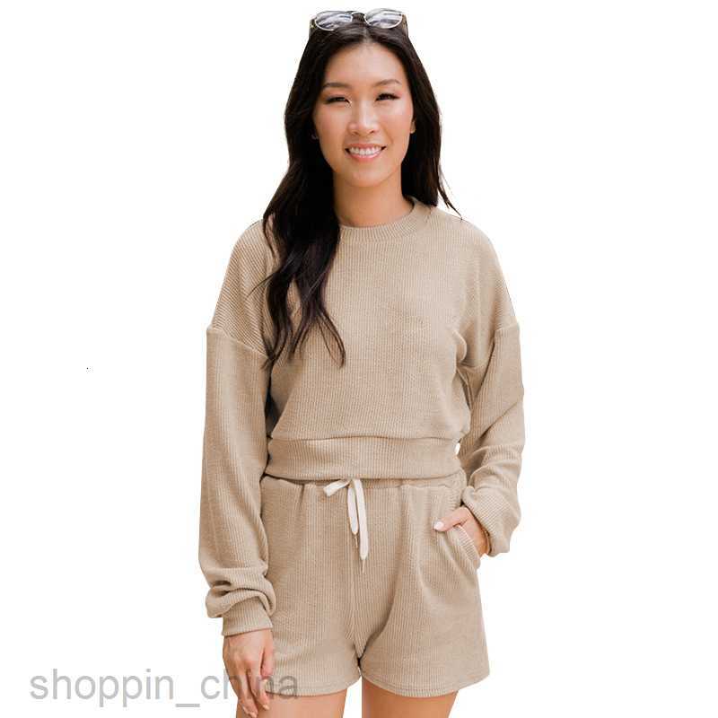 Women's Tracksuits Fashion solid color sports jogging suit Solid Round Neck Pullover Long Sleeve Sweater Women's Fashion Casual Shorts Sets
