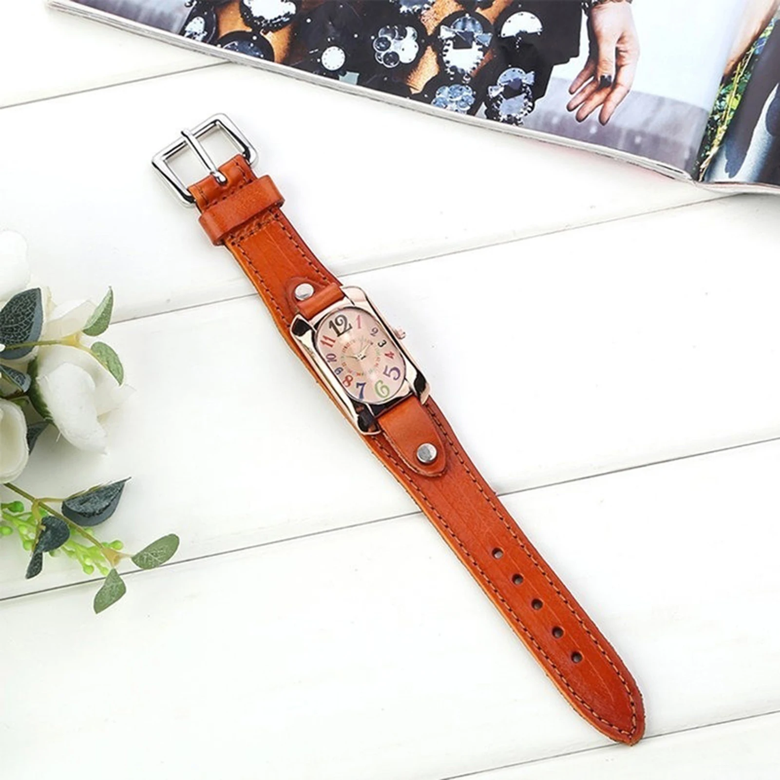 Vintage Casual Women Watch Alloy Dial Faux Leather Strap Oblong Case Analog Quartz Clock Ladies Wrist Watches Relojes Para Mujer