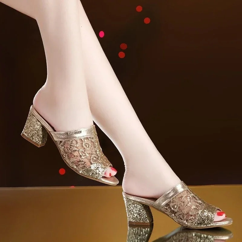 2024 Open Toe Sandal Woman Summer Lace Dress Sandals Women's Sequin High Heels Slippers Non-slip Square Heeled Gauze Pumps 240620