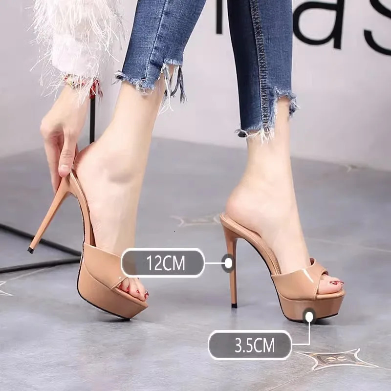 2024 Summer Women 12cm High Heels Pumps 3.5cm Platform Fetish Mules Sandals Lady Slippers Peep Toe sexy Slides Fashion Shoes 240620