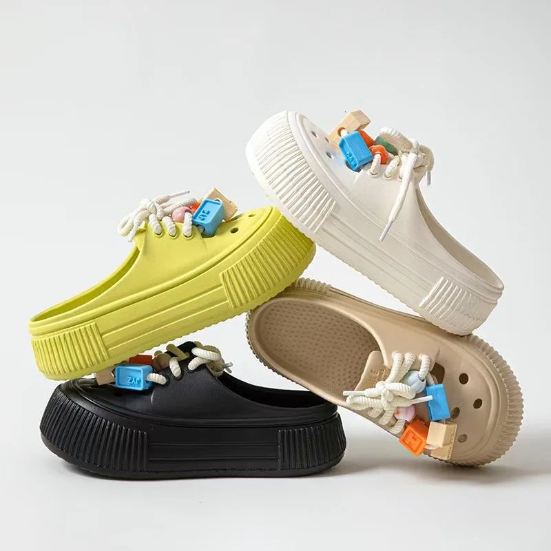 Womens Hole Shoes Fashion Platform Sandals Increase Baotou Sandal Summer Casual Lace-up Half Slipper Non-slip Beach Shoes 240620