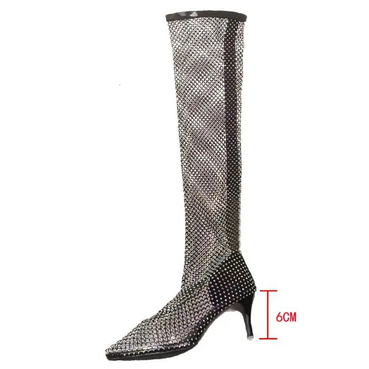 Net Red Over Knee Boots Summer Sexy Nightclub High Heel Pointed Mesh Hollowed Out Womens Shoes Diamond Mesh Boots 240620