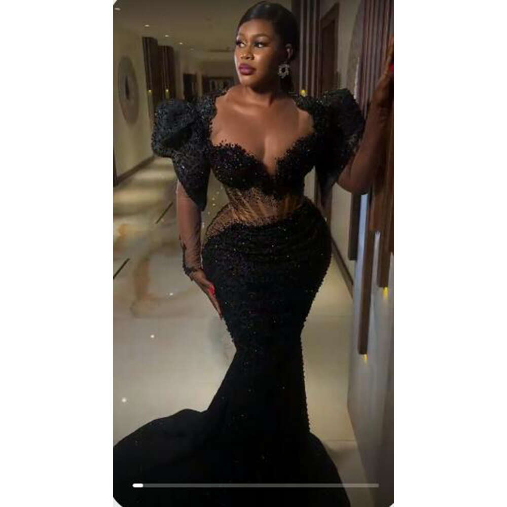 Black Lace Mermaid Prom Dresses Sexy See Through Long Sleeves Aso Ebi African Evening Gowns Women Formal Ocn Party Dress