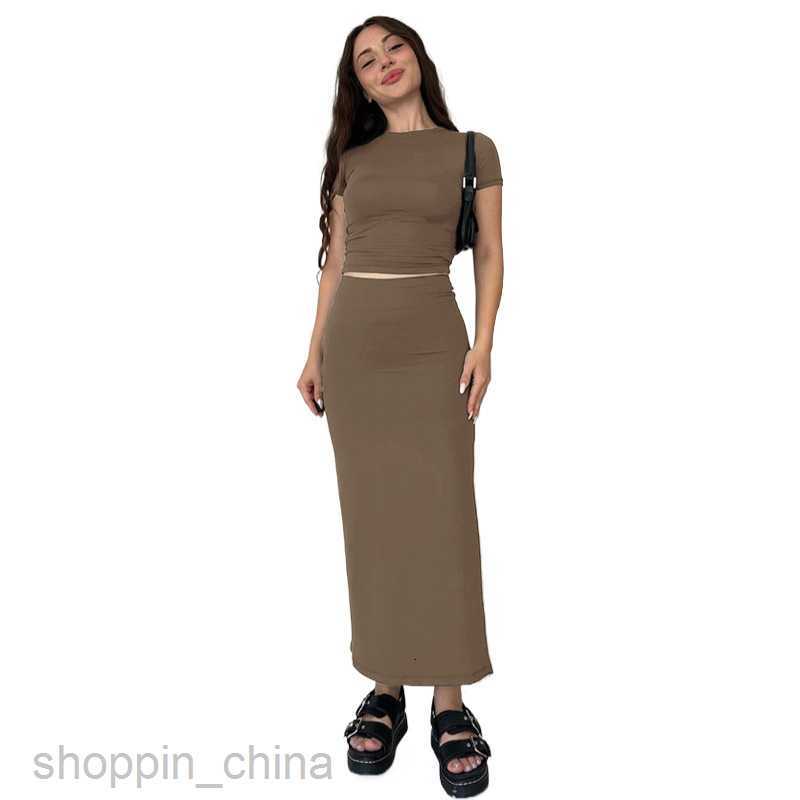 Two Piece Dress Sets Summer New Solid Color Round Neck Short sleeved Top Women Fashion Casual Long Dress Set