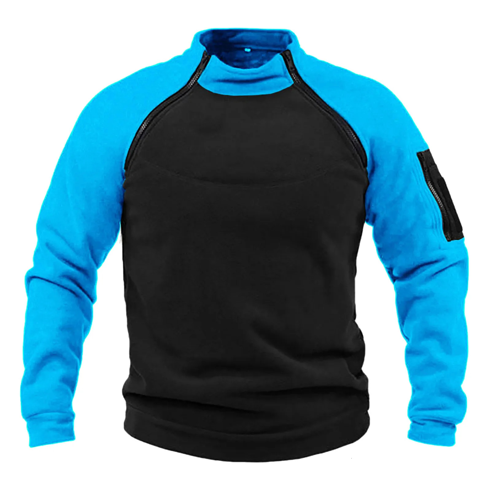 Autumn Winter Fashion Men Fleece Hoodies Patchwork Outdoor Climbing Trekking Thicken Pullover Stand Collar Tactical Sweatshirt 240620