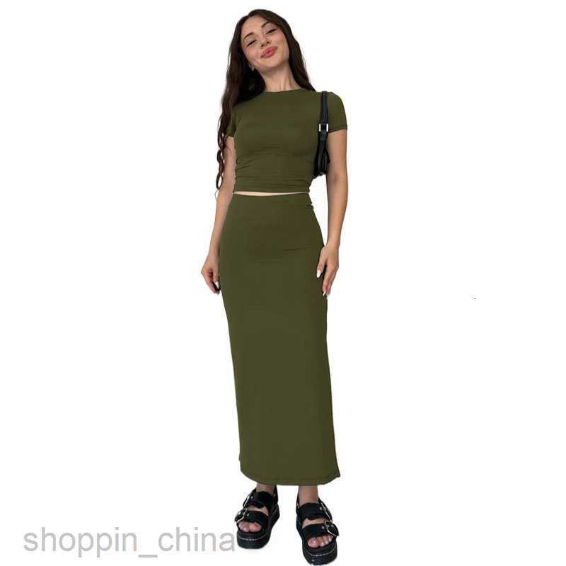Two Piece Dress Sets Summer New Solid Color Round Neck Short sleeved Top Women Fashion Casual Long Dress Set