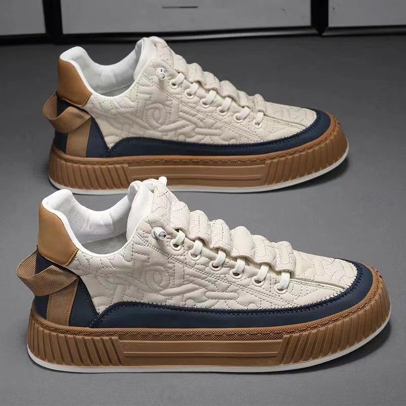 Men New Breathable Canvas Trend Versatile White Thick Soled Casual Athleisure Style Board Shoes Trendy Beige Free shipping