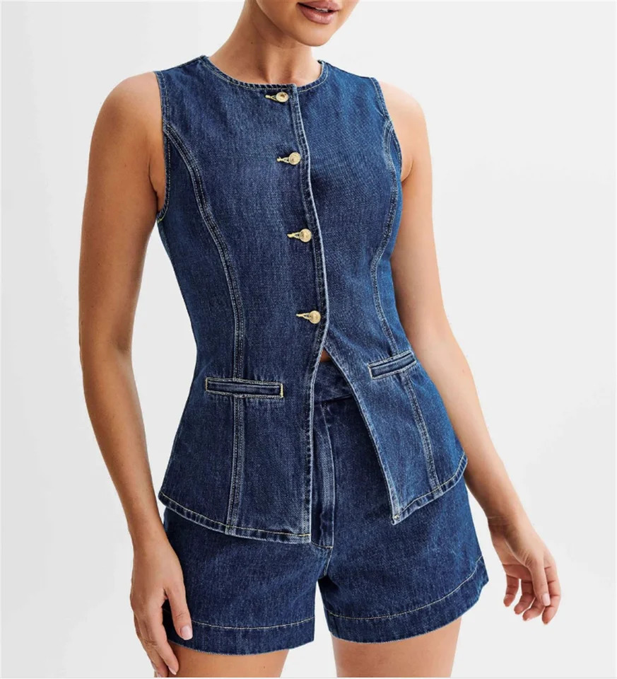 Women 2pcs Clothes Set Sleeveless Slit O Neck Top High Waist Wide Short Suit Fashion Casual Denim Shorts Pants Office Lady 240618