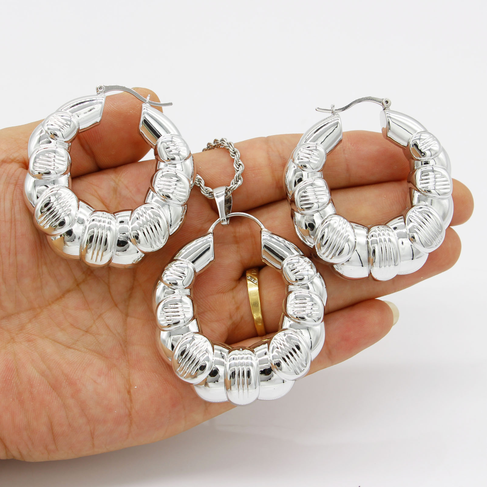 Adixyn Luxury Jewelry Set for Women Pendant Earring Necklace Set Shiny Silver Color Africa Wedding Sets Habesha N080716