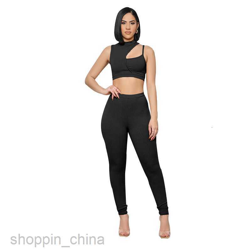 Women's Tracksuits solid color sports jogging suit Spring and summer solid color single shoulder hollowed out sleeveless top women sexy navel pan
