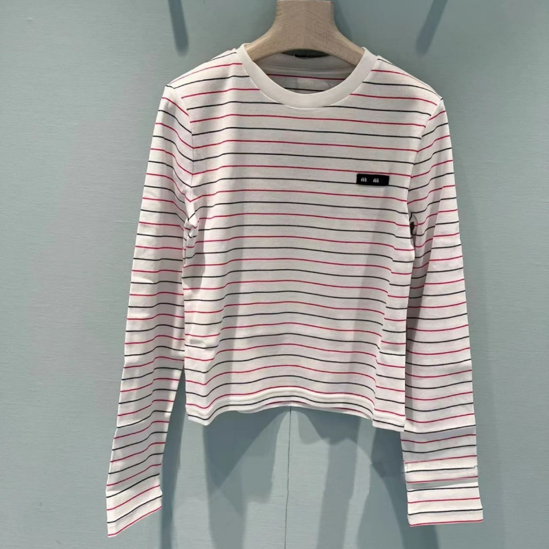 2024 Spring New White Stripes Fashionable And Versatile Slim Fit Long-Sleeved T-Shirt Top