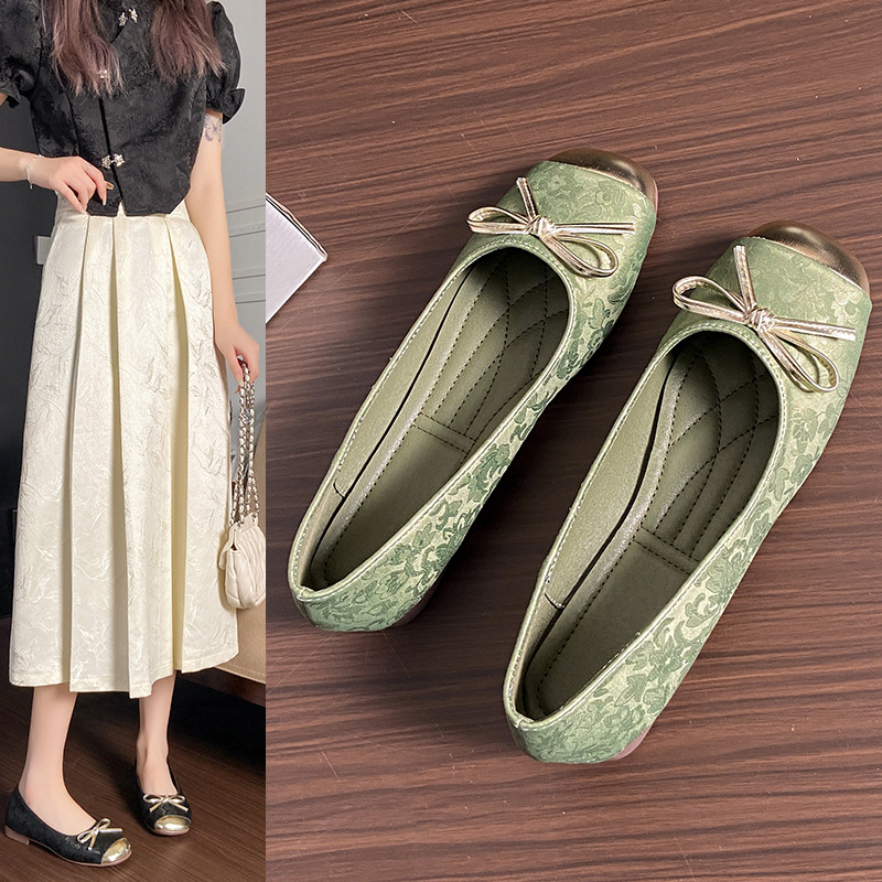 Square head flat flat fashion shoes 2024 new summer all-match sweet bow comfortable Mary Jane women's shoes
