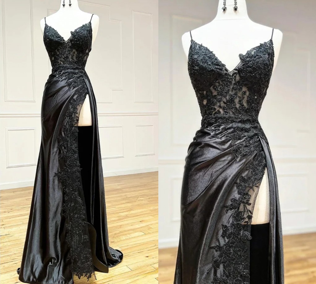 Sexy Black Silt Long Prom Dress 2024 Spaghetti Strap Appliques Lace Beads Satin Formal Party Gowns Evening Dresses Robe De Soriee Customed