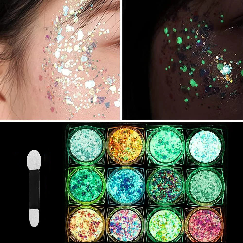 12 Colors Glitter Gel Makeup Glow in The Dark Body Glitter Gel UV Face Glitter for Women Festival Party Glitter Makeup Gel 240620