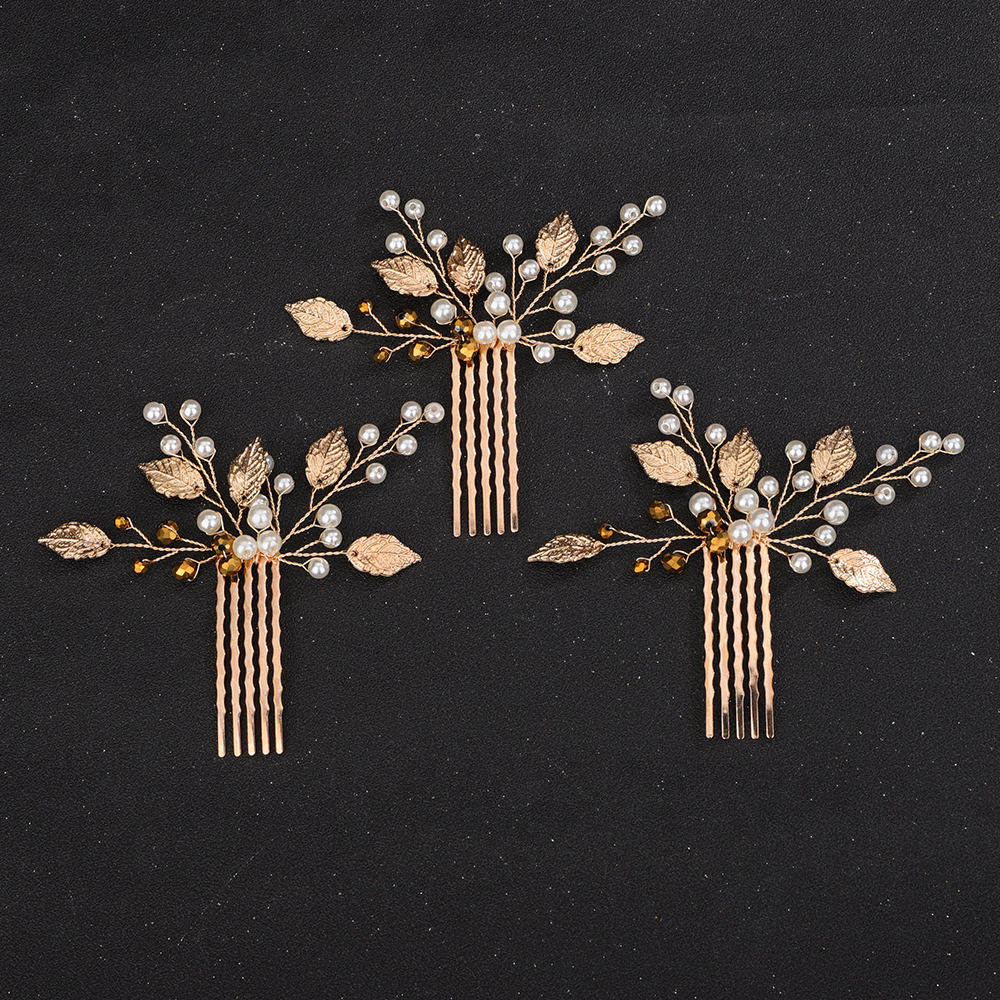 3PCS Gold Hair Comb for Wedding Pearl Crystal Leaf Bridal Head Piece Handmade Vintage Hair Accessories Jewelry Chic Party Tiaras