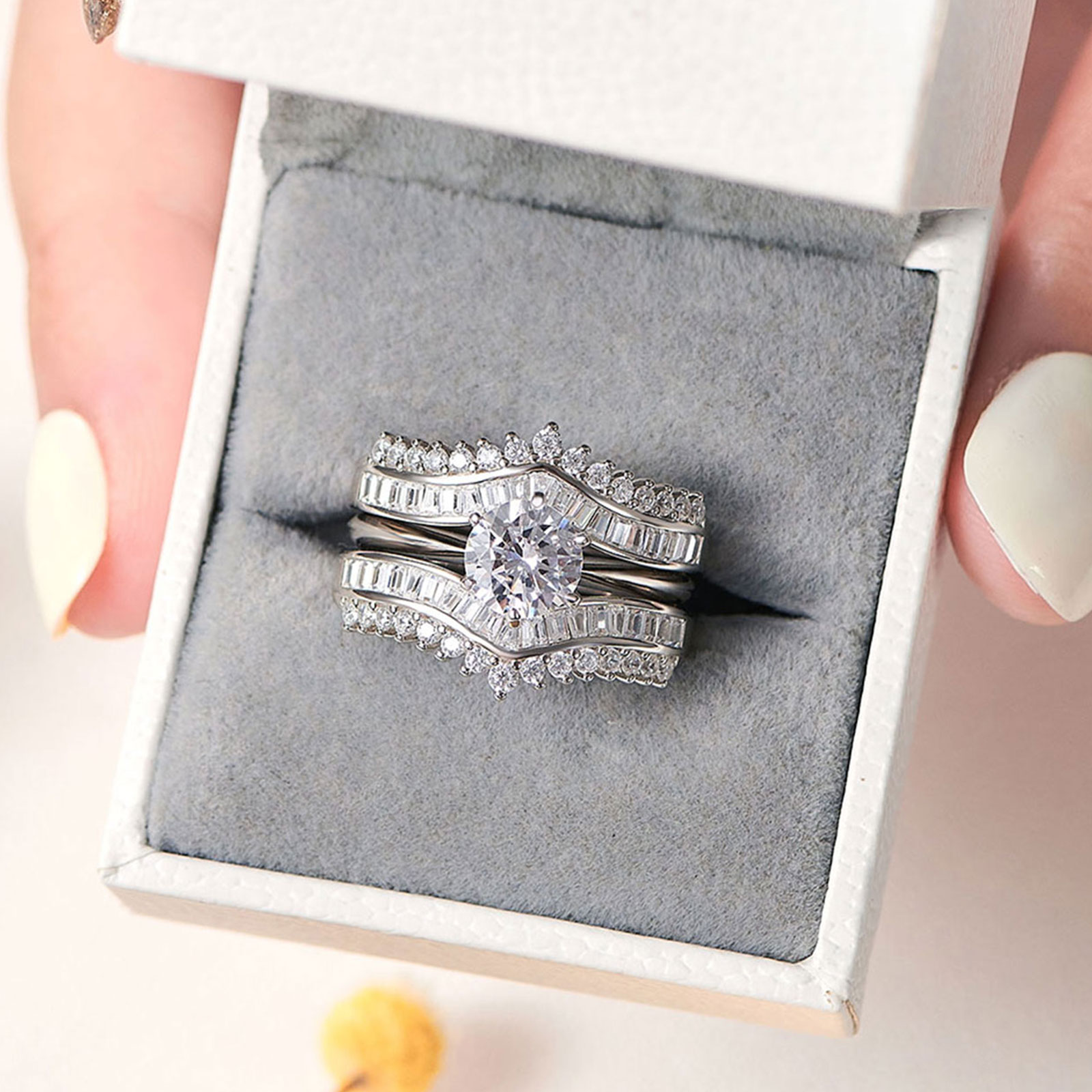 Newshe Genuine 925 Sterling Silver Engagement Ring Sets Enhancer Round Cut AAAAA Cubic Zirconia Wedding Bridal Jewelry for Women