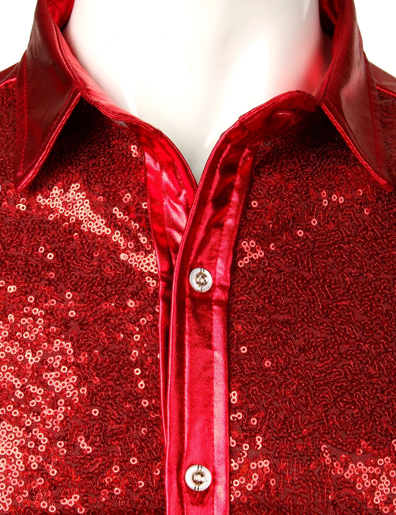 Red Sequin Metallic Patchwork Shirt Men 70s Disco Nightclub Sparkle Shirt Mens Halloween Party Stage Prom Costume 2XL 240615