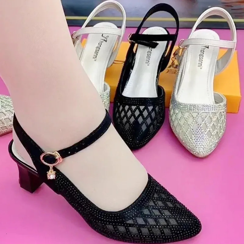 Fashion Women's Sandals Rhinestone Sandals with Low-heeled Mesh Buckle with FashionableWomen's Shoes Hollow Breathable Shoes 240620