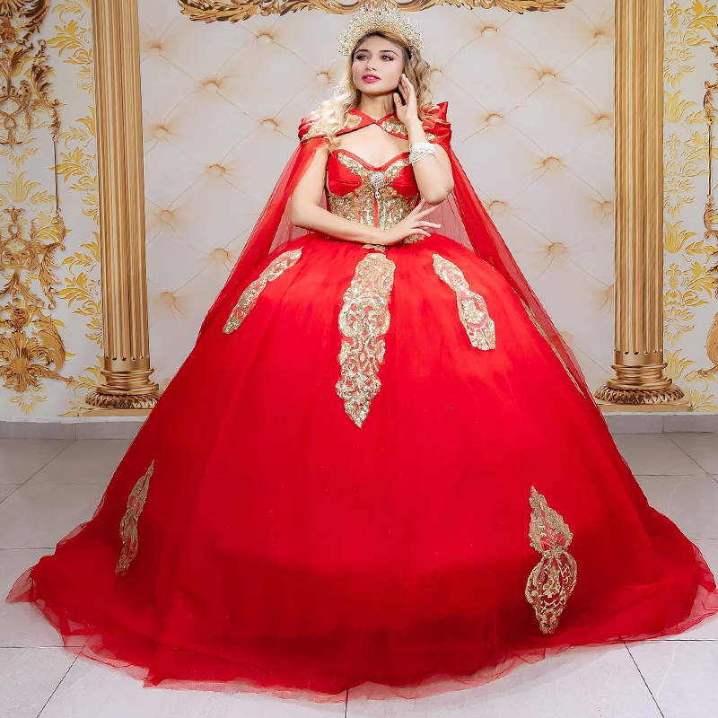 Red Quinceanera Dresses Off The Shoulder Gold Applique Lace Puffy Party Dress Crystal Beading With Cape Ball Gown Vestidos De 15