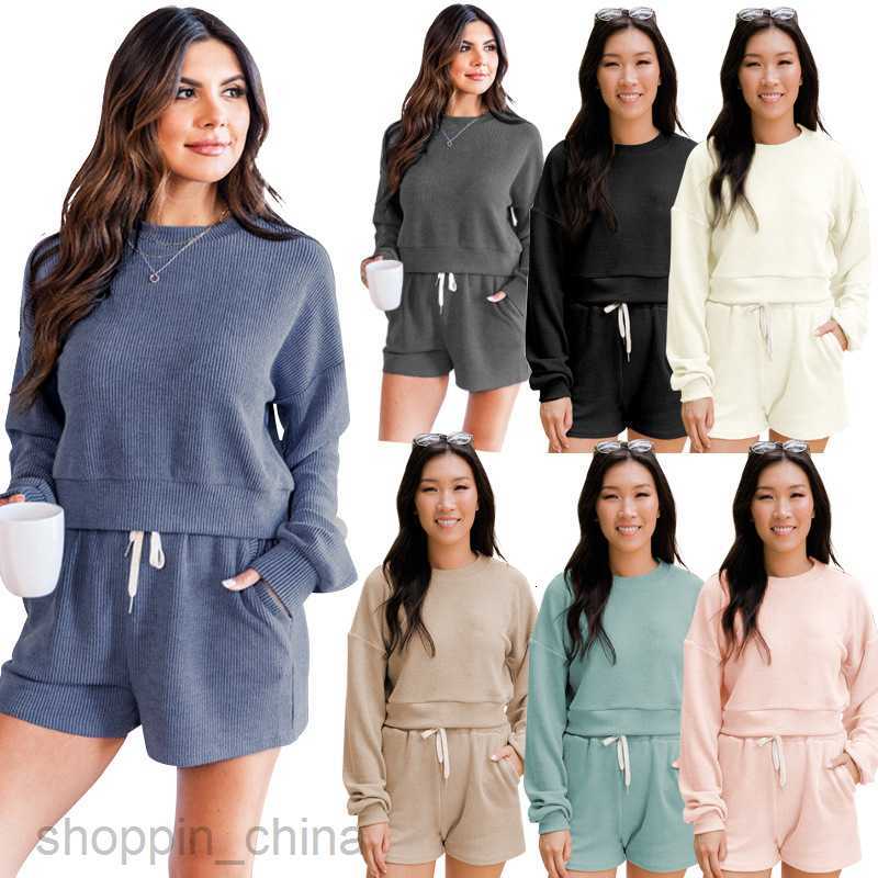Women's Tracksuits Fashion solid color sports jogging suit Solid Round Neck Pullover Long Sleeve Sweater Women's Fashion Casual Shorts Sets