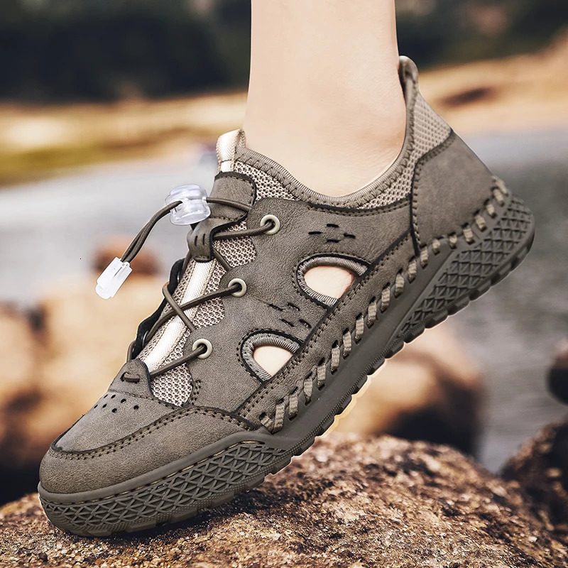 Mesh Breathable Leather Men's Casual Comfort Outdoor Sandals for Men Anti-collision Toe Hiking Shoes Mountaineering Travel Shoes 240620