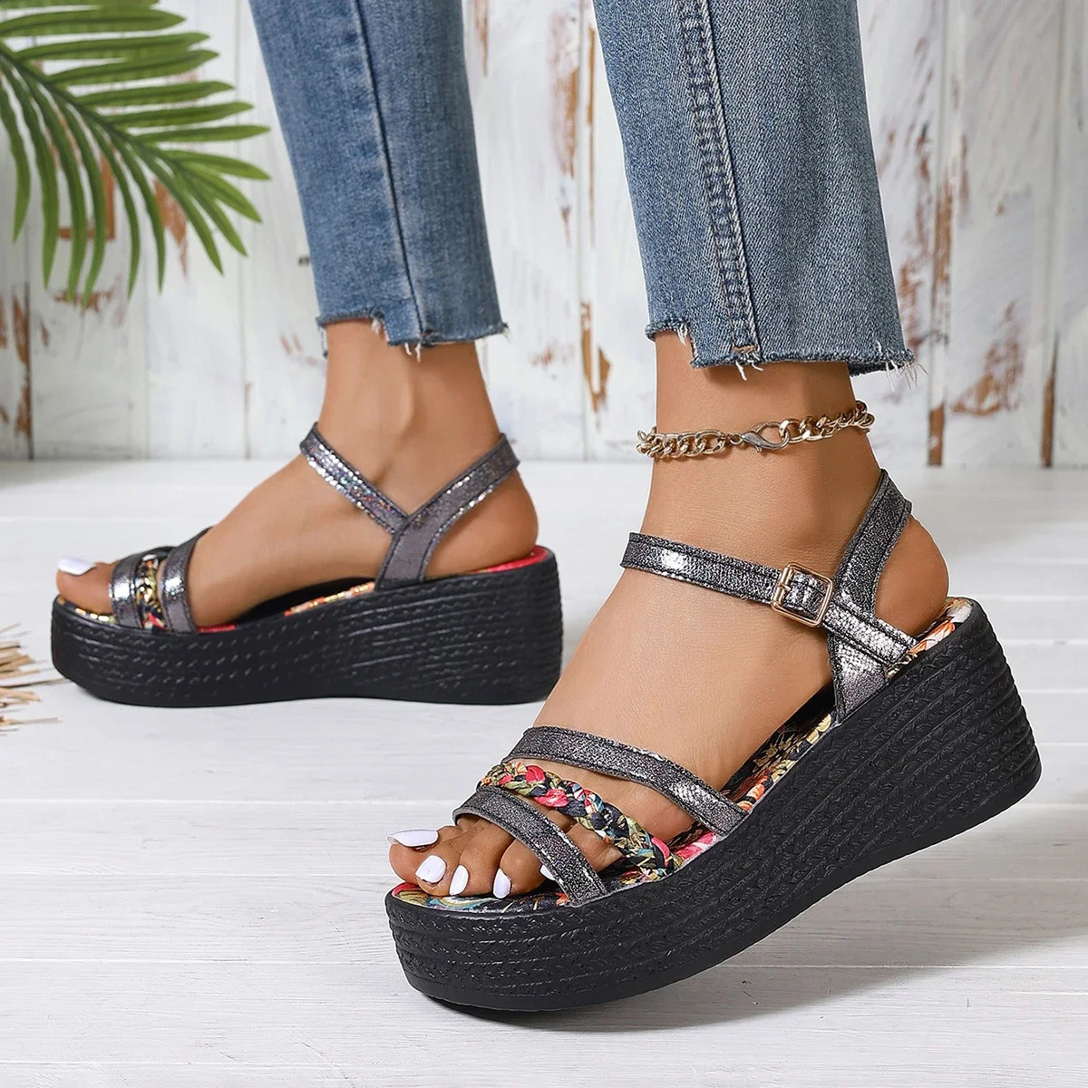 Womens Wedding Sandals Platform Golden Boots Shining Lightweight Shoes Bohemian Style Open Toe Flower Black 240620