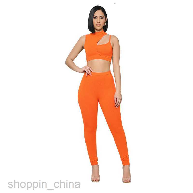 Women's Tracksuits solid color sports jogging suit Spring and summer solid color single shoulder hollowed out sleeveless top women sexy navel pan