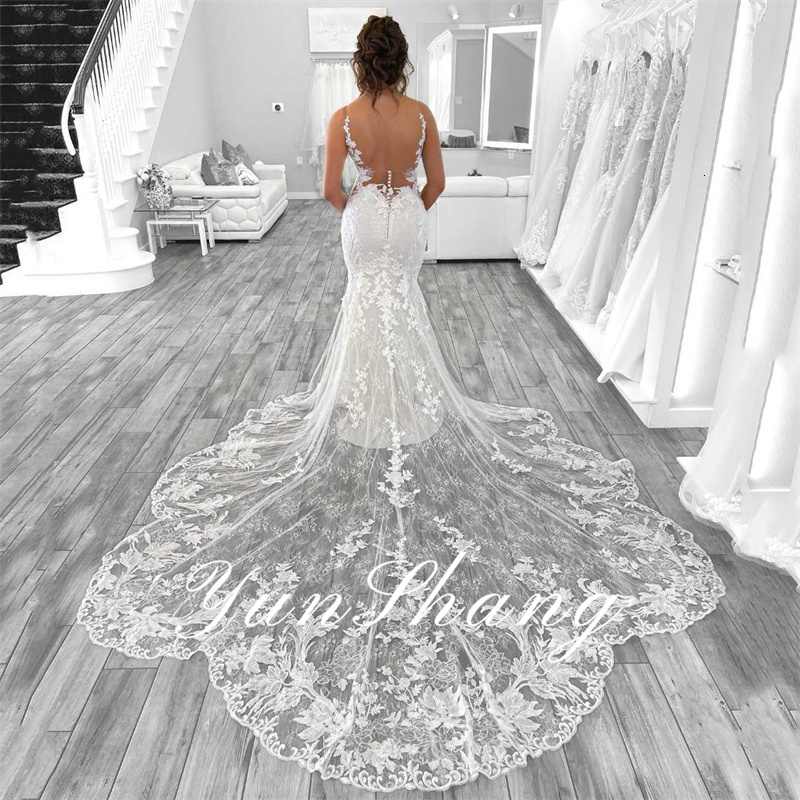 Elegant Wedding Dress Women 2024 Mermaid Open Back V-Neck Lace Spaghetti Strap Bridal Gown Sweep Train Vestidos De Novia