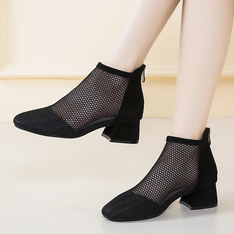 Nice Summer Pop Round Toe Hollow Mesh Breathable Back Zipper Sandals Feminine Comfortable Fashion High Heels for Women's 240620