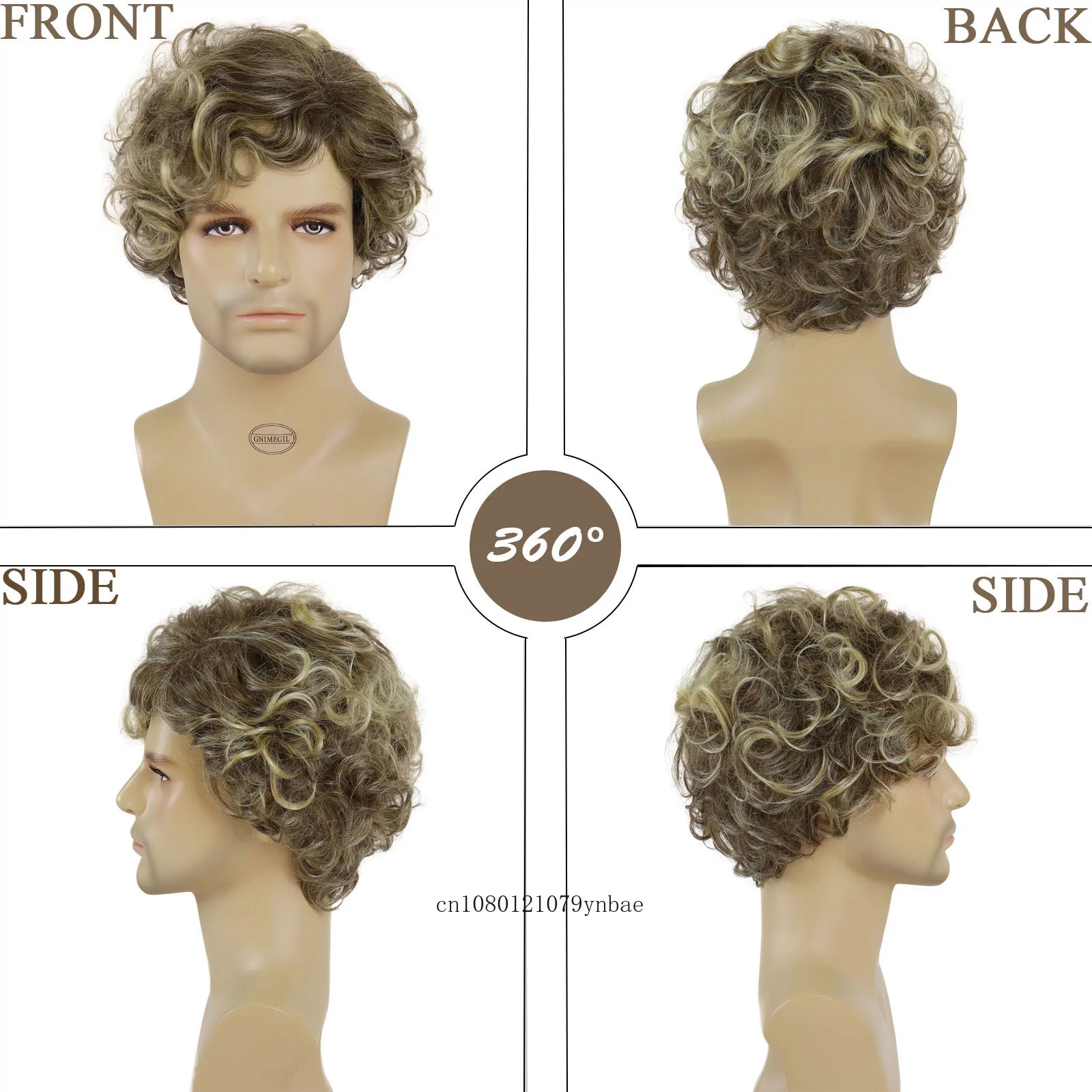 Mens Synthetic Hair Wigs Short Curly Wavy Natural Ombre Brown Wig with Bangs for Male Heat Resistant Fiber Daily Party Costume 240621