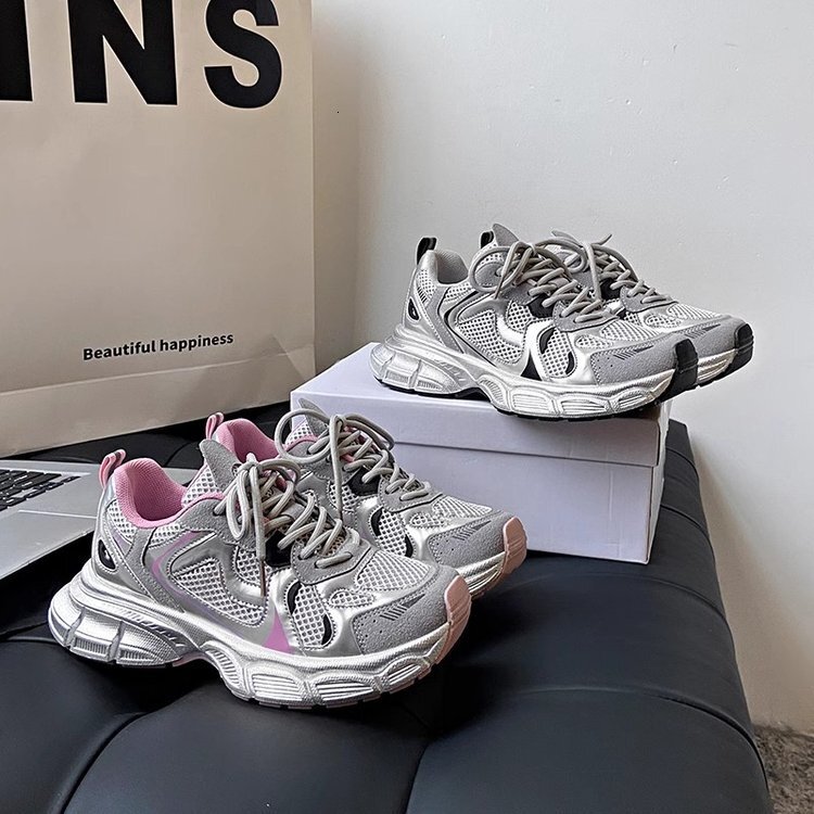 Thick soled fashionable dad 2024 new easy to match silver gray casual sports trendy shoes for women