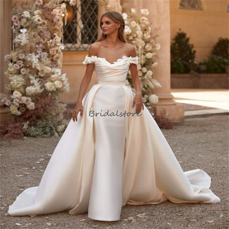 Chic Mermaid Wedding Dresses With Overskirt Train Soft Satin 2 In 1 Country Bridal Gowns Elegant Off Shoulders Lace Up Dubai Bride Dress vestido de ca