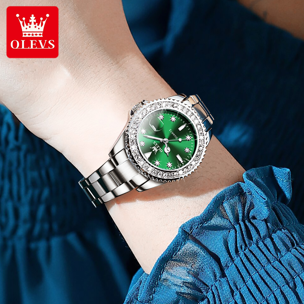 OLEVS Original Quartz Ladies Watch Luxury Diamonds Steel strip Leather strap Luminous Waterproof Diving Green Men's Quartz Watch