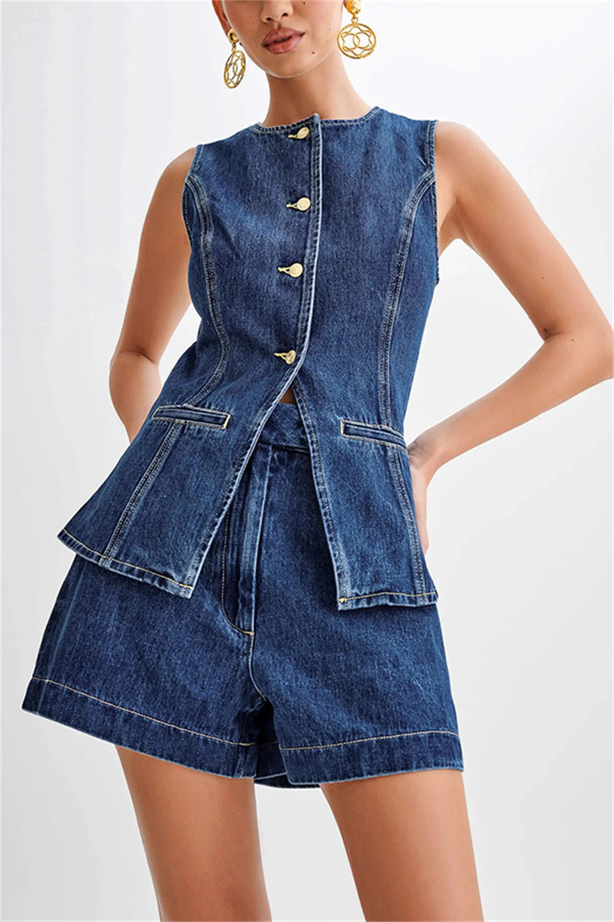 Women 2pcs Clothes Set Sleeveless Slit O Neck Top High Waist Wide Short Suit Fashion Casual Denim Shorts Pants Office Lady 240618