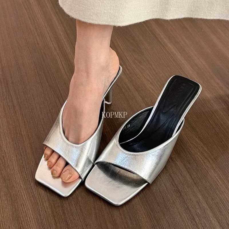 2024 New Fashion Summer Women Sandals Square Toe Ladies Heel Mules Sexy High Heels Sandal Slippers Female Designer Woman Shoes 240705
