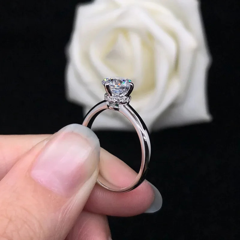 Solid 14K White Gold AU585 Womens Ring Four Claw Diamond Simple Proposal 240521